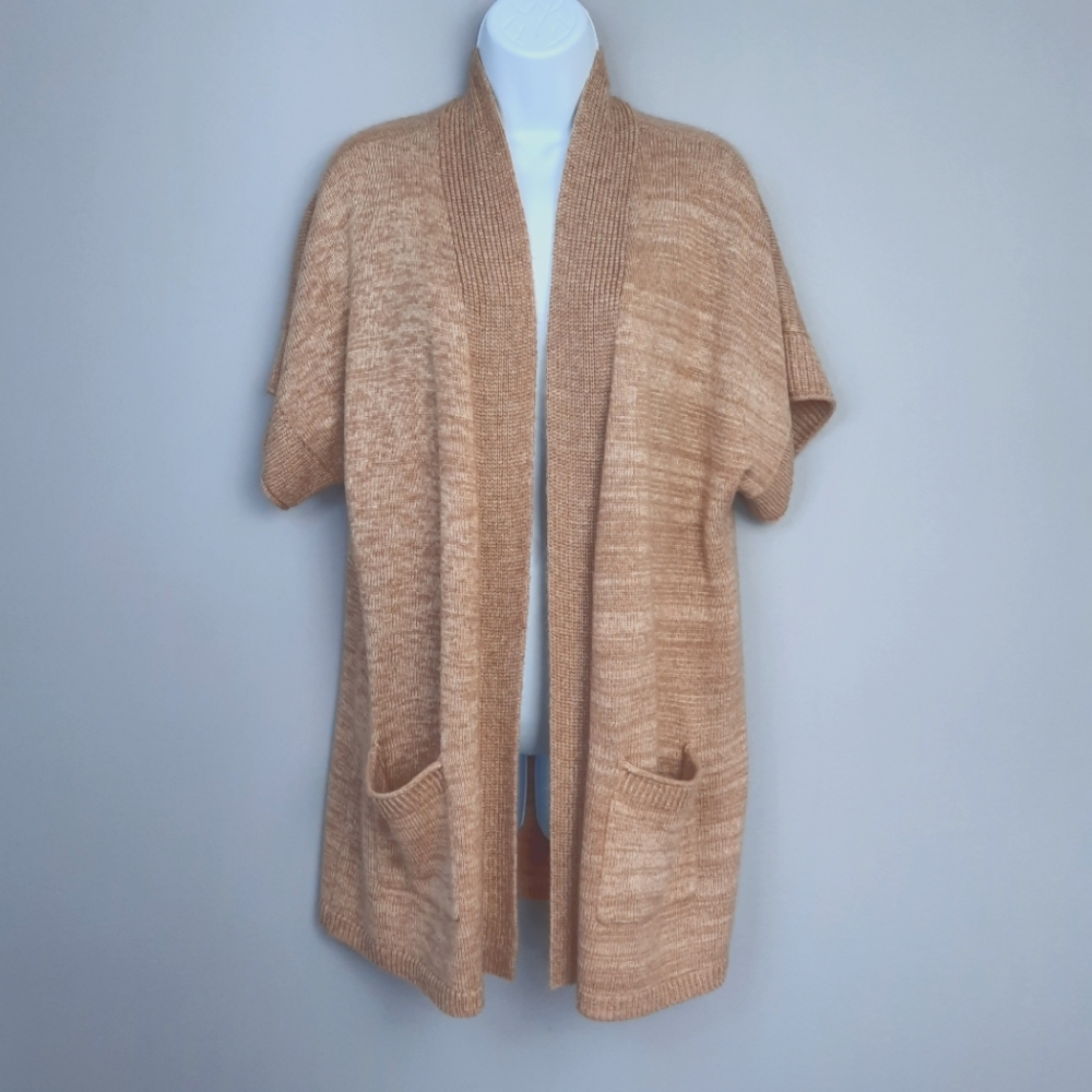 Chico's Tan Cream Short Sleeve Open Front Lagenlook Sweater Cardigan size Medium